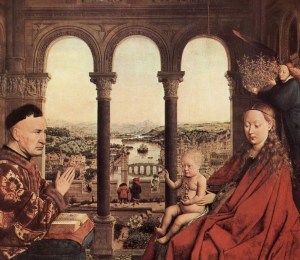 The loggia or enclosed space in which the scene takes place, with low-walled garden behind